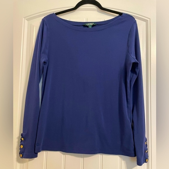 Lauren Ralph Lauren Women T-Shirt XL Blue Cotton Minimalist Ruffle Contemporary - Picture 1 of 9